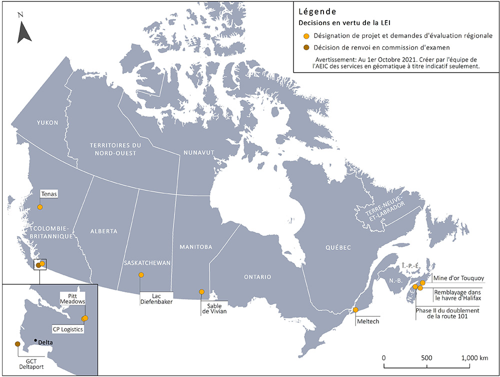 Figure 3 – Carte du Canada illustrant les projets pour lesquels une décision ou une réponse ministérielle en vertu de la Loi sur l’évaluation d’impact est prévue d’ici janvier 2022