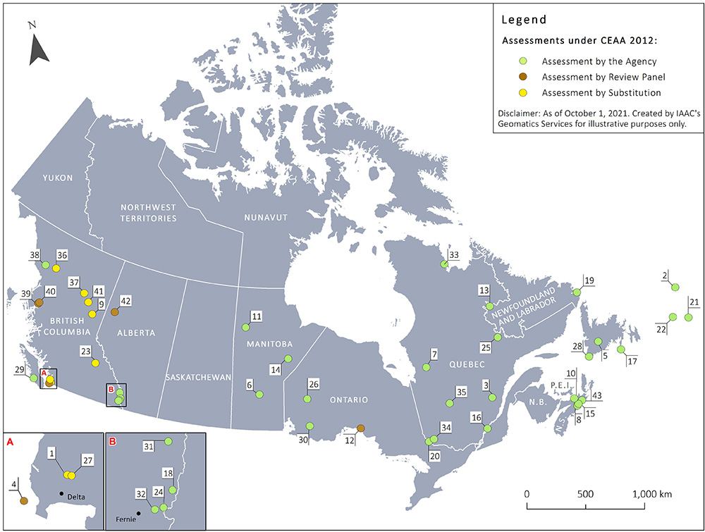Figure 6 – Map of Canada depicting the location of projects undergoing assessments under the Canadian Environmental Assessment Act, 2012