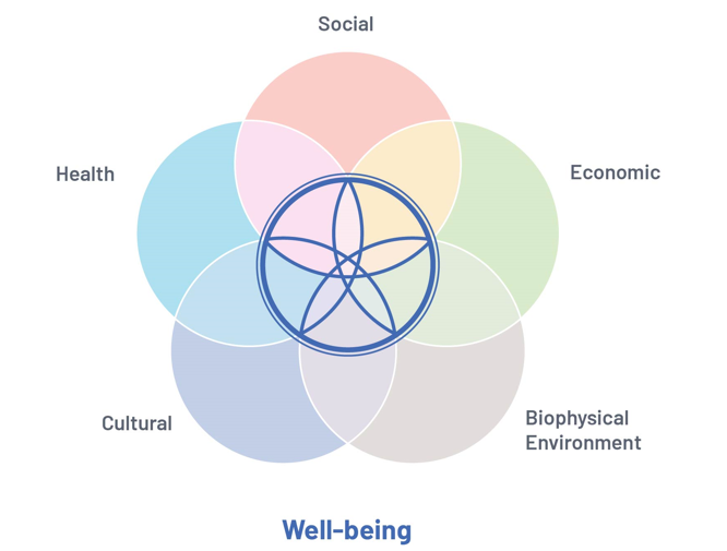 The concept of well-being includes the relationships between many tangible and intangible aspects of human health and the social, economic, cultural and biophysical environment.