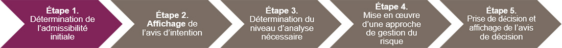 L'étape 1, qui consiste à déterminer l'admissibilité initiale, est mise en évidence dans le contexte d'une approache suggérée plus vaste pour décider de la probabilité qu'un projet est susceptible d'entraîner des effets environnementaux négatifs importants.