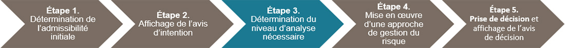 L'étape 3, qui sert à déterminer le niveau d'analyse nécessaire, est présentée dans le contexte de l'approche plus vaste suggérée de la décision concernant la probabilitée que la réalisation d'un projet entraîne des effets environnementaux négatifs importants.