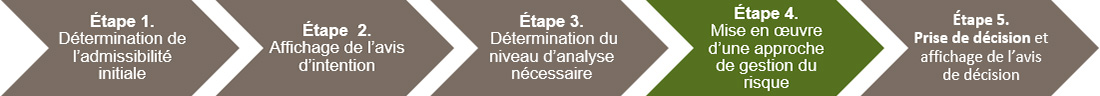 L'étape 4, qui sert à faire la mise en œuvre d'une approche de gestion du risque, est présentée dans le contexte de l'approche plus vaste suggérée de la décision concernant la probabilité que la réalisation d'un projet entraîne des effets environnementaux négatifs importants.