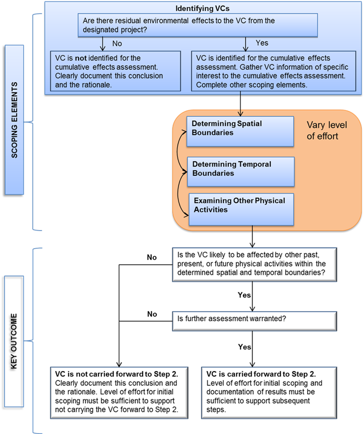 Figure 2: Generic approach to scoping for cumulative effects assessment - Description: This figure is a flow chart that summarizes the generic approach to scoping. Scoping begins by identifying valued components with residual effects; it is then determined whether further assessment of a VC is warranted, as described in the Methodologies section above.