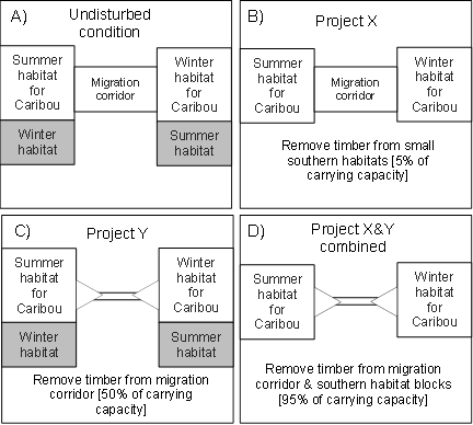 Figure 6: Synergistic cumulative effects - Description: This figure depicts the synergistic cumulative environmental effects for the caribou example described above by illustrating panels A-D.