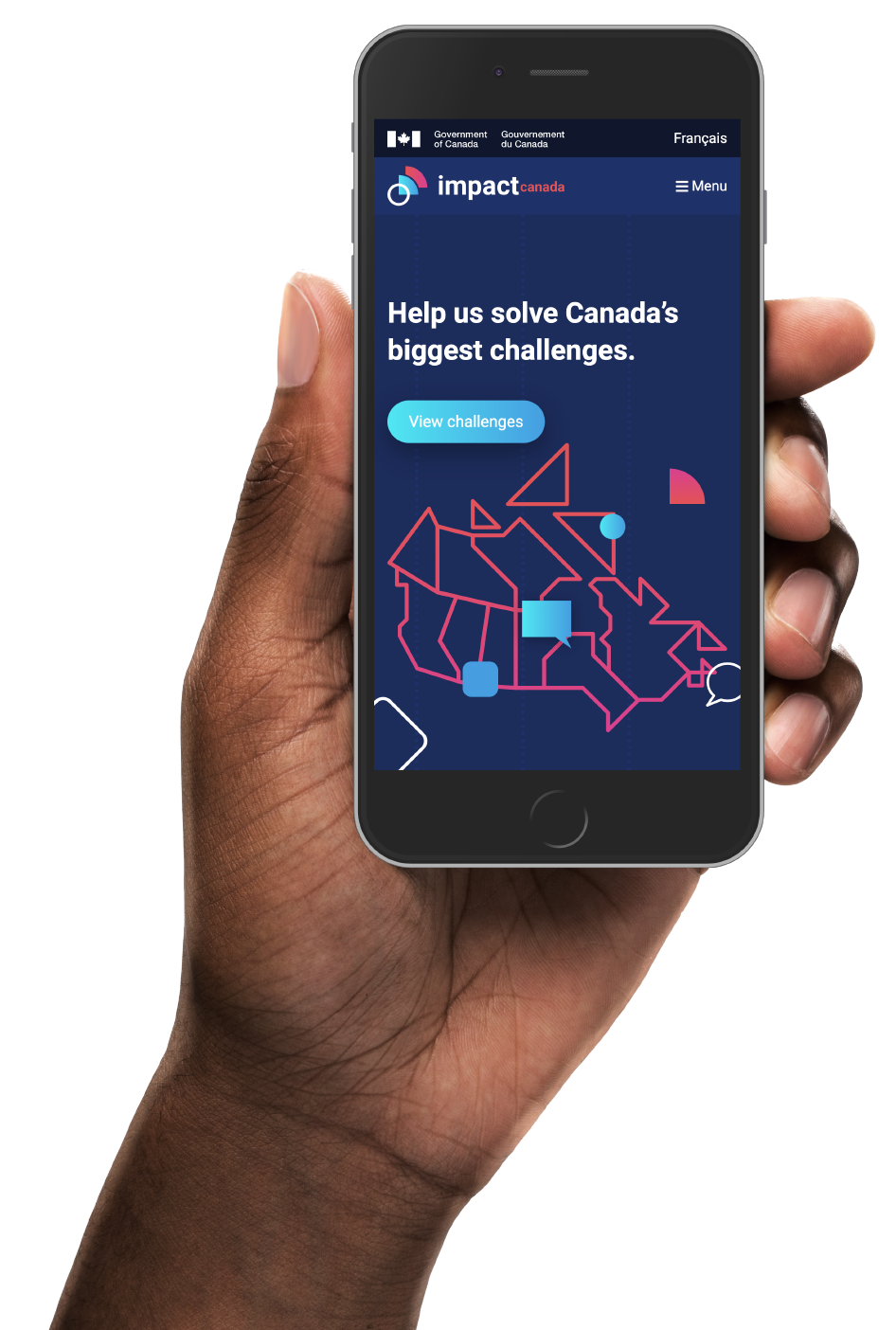 Hand holding an iPhone with the Impact Canada Web Platform