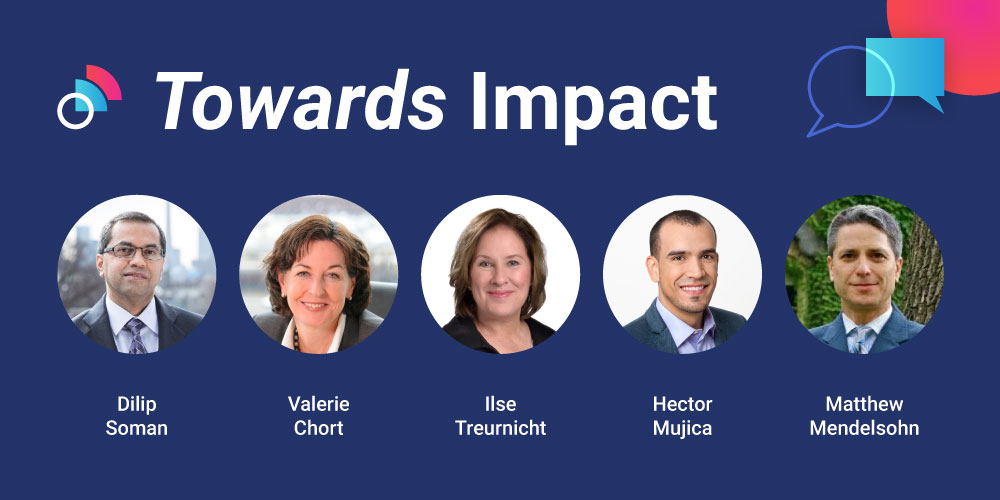 Headshots of Dilip Soman, Valerie Chort, Ilse Treurnicht, Hector Mujica, and Matthew Mendelsohn on a blue background with the heading 'Towards Impact'