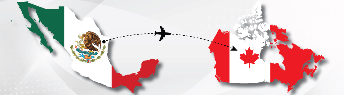 Una imagen que muestra un mapa de México con un avión volando a un mapa de Canadá