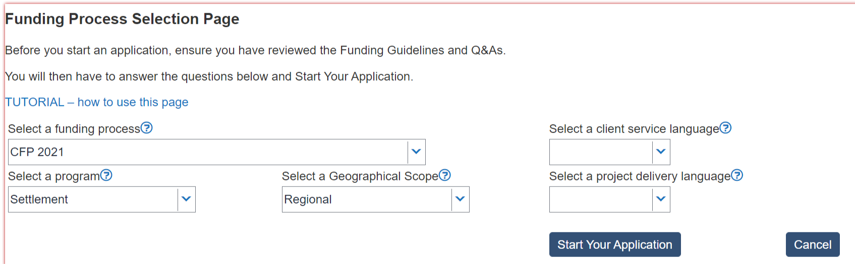 Funding Process Selection Page: