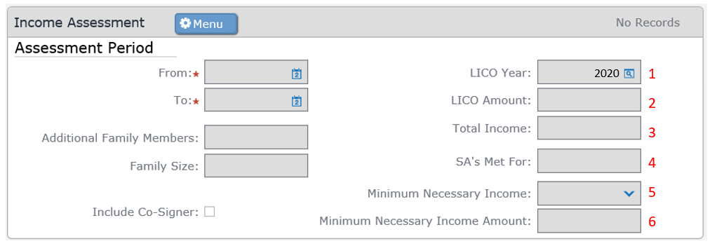 Screenshot of the Income Assessment sub screen in GCMS
