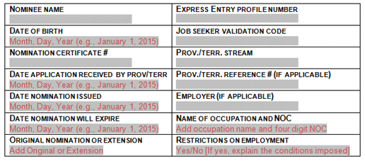 New version of box included in the nomination letter, showing the Employer, Name of occupation and NOC, and Restrictions on employment fields
