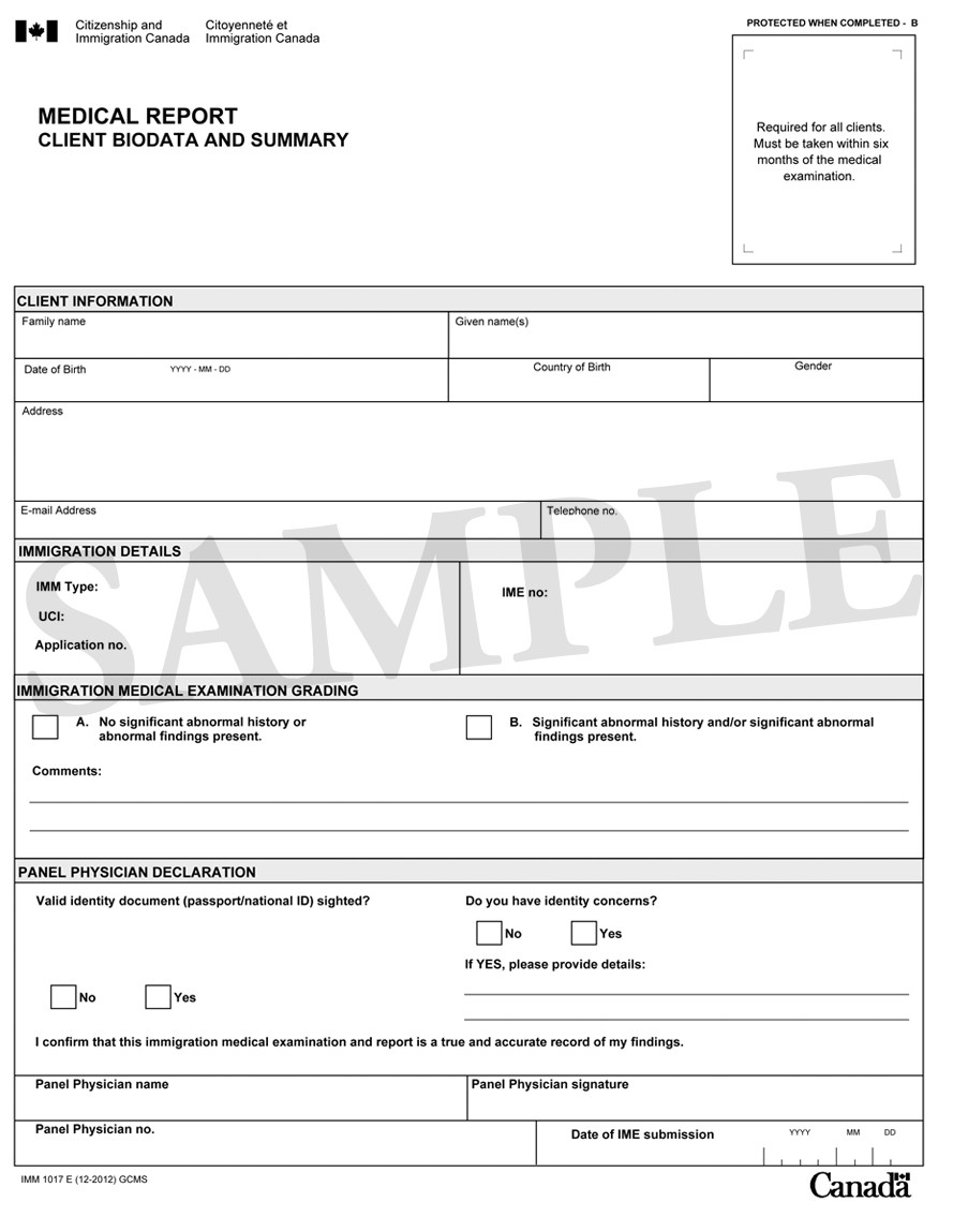 Sample of IMM 1017: Medical Report – Client Biodata and Summary<