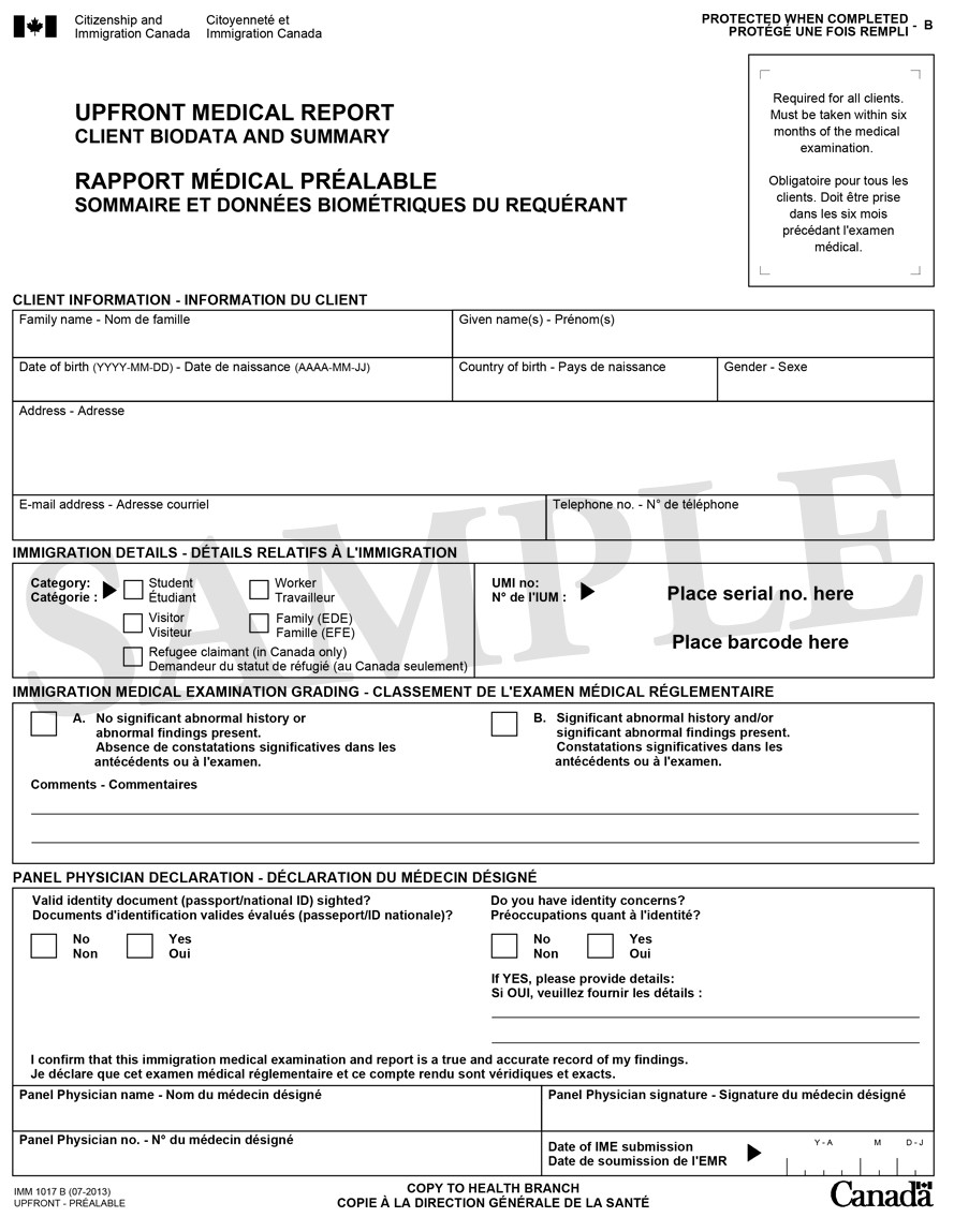 Sample of IMM 1017B upfront: Upfront Medical Report – Client Biodata and Summary Page 2