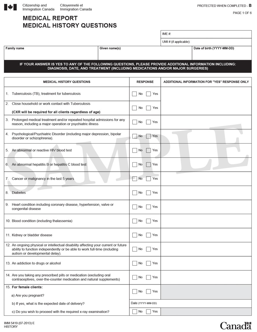 Sample of IMM 5419 Medical Report Page 1