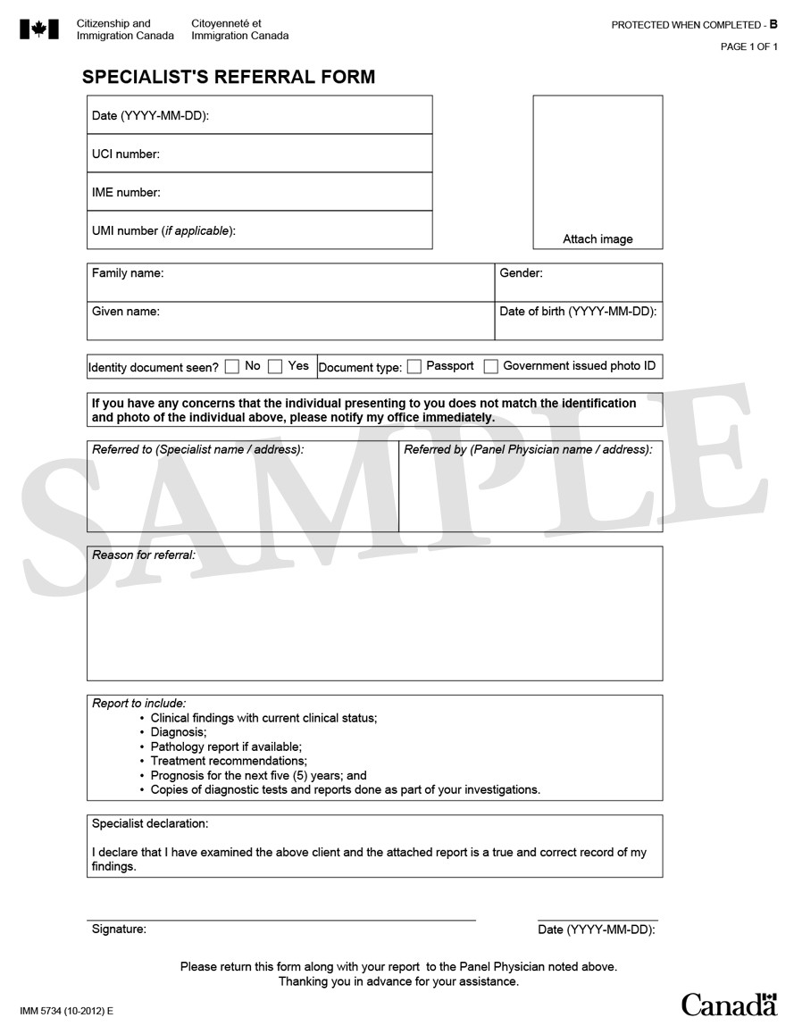 Sample of IMM 5734: Specialist’s Referral Form