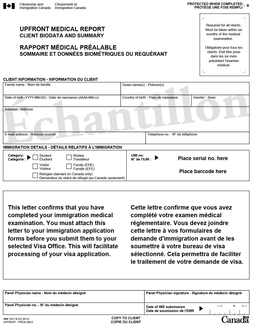 Exemple de IMM 1017B : Rapport médical préalable – Sommaire et données biométriques du client 1 de 2