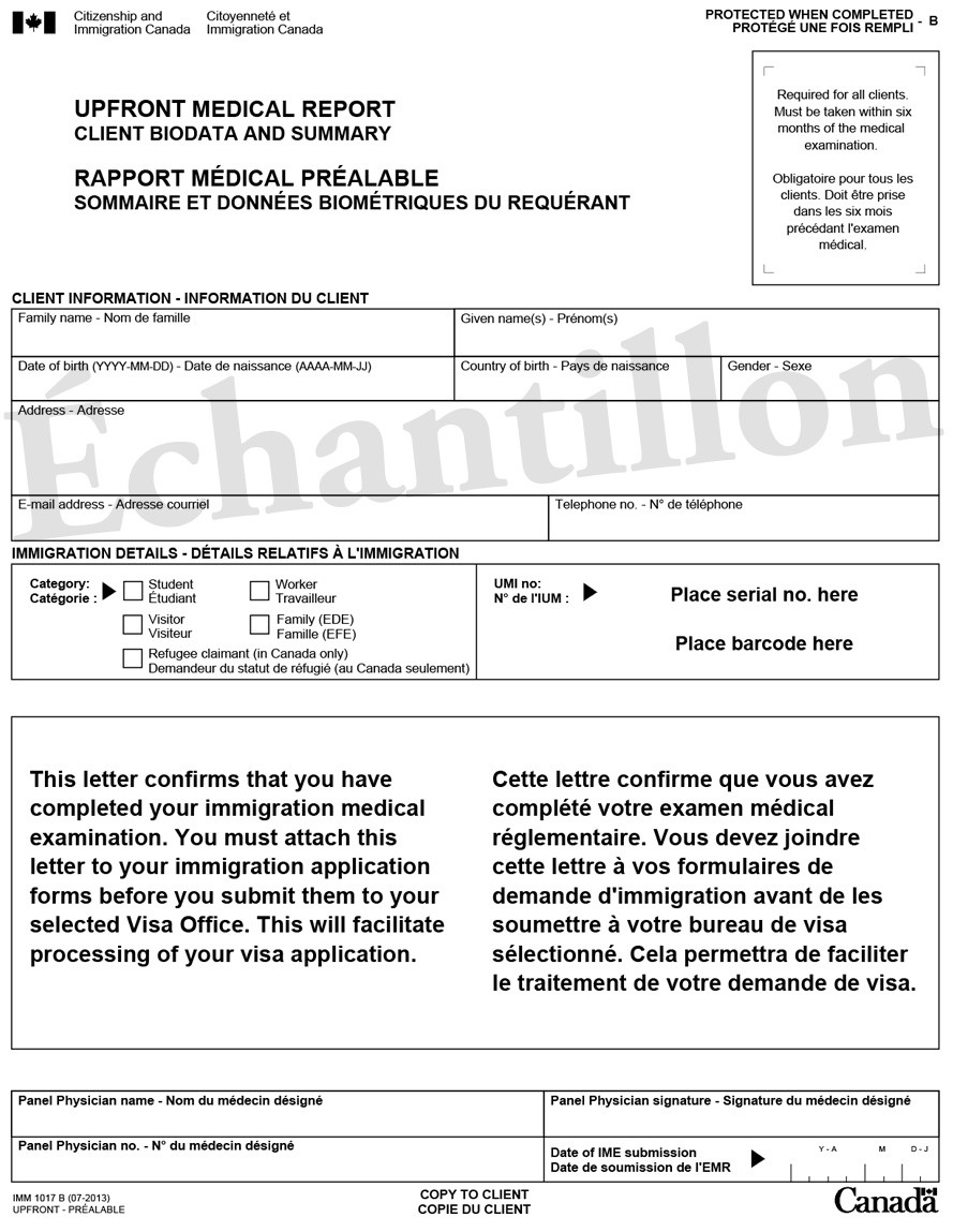 Exemple de IMM 1017B : Rapport médical préalable – Sommaire et données biométriques du client 1 de 2