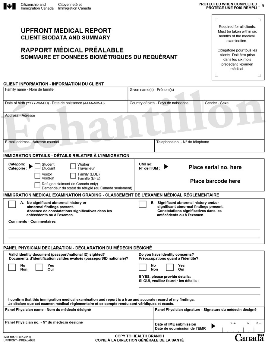 Exemple de IMM 1017B : Rapport médical préalable – Sommaire et données biométriques du client Page 2 de 2