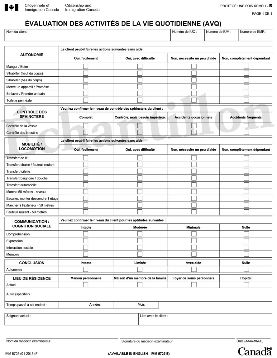 Exemple de IMM 5725 : Évaluation des activités de la vie quotidienne (AVQ)