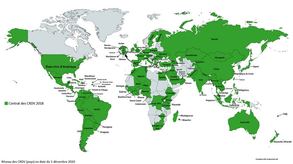 Carte du monde représentant les régions avec un CRDV, décrit ci-dessous