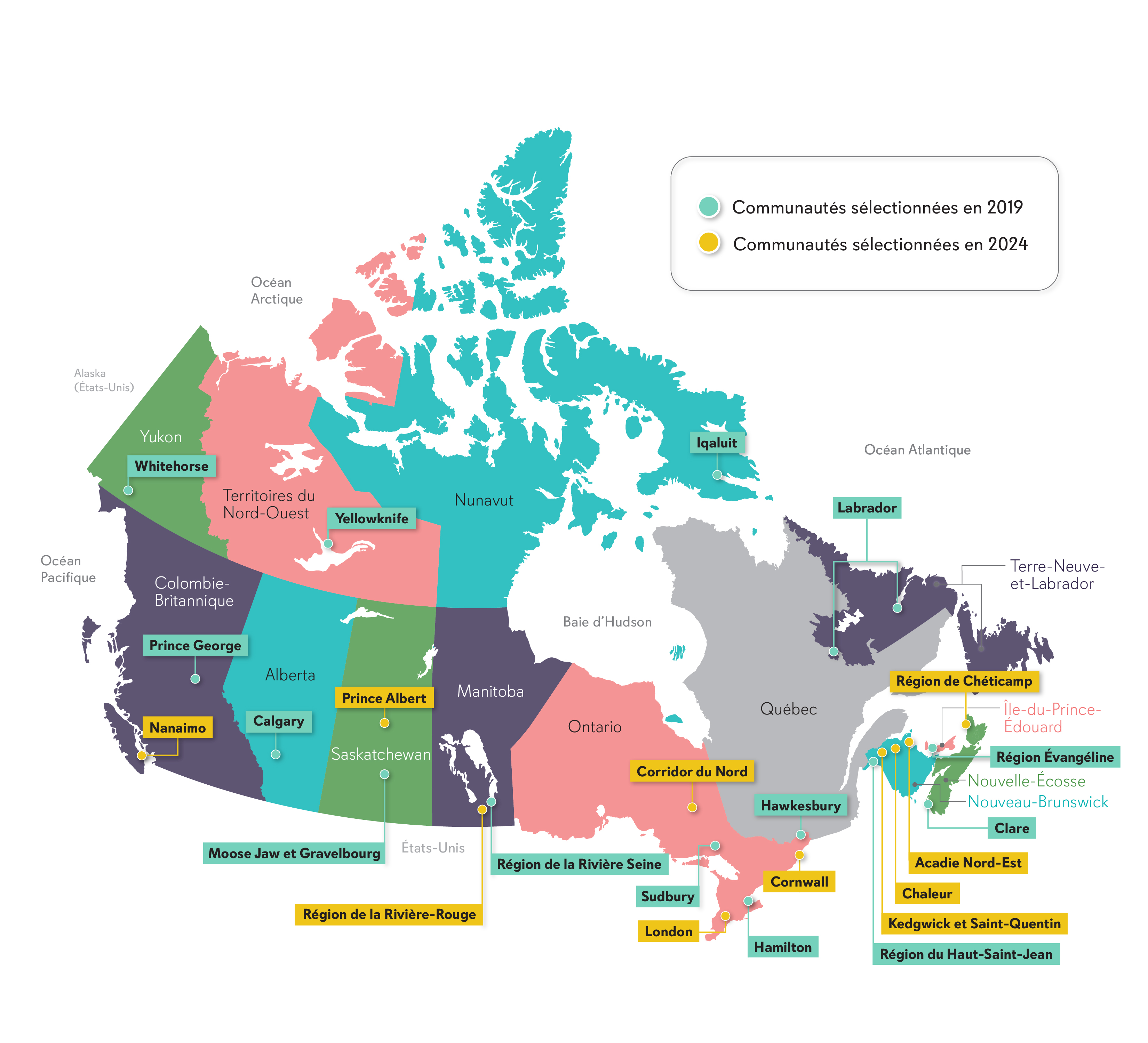 Carte détaillée du Canada figurant 24 communautés francophones accueillantes