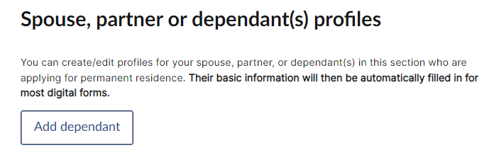 Spouse, partner or dependant(s) profiles screenshot
