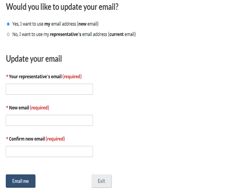 Question and form fields to update email address
