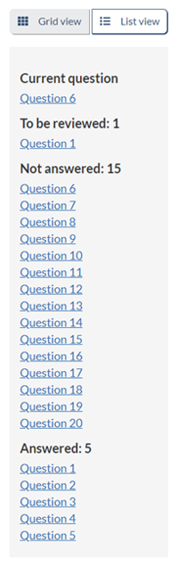‘List view’ of the questions, as described below.