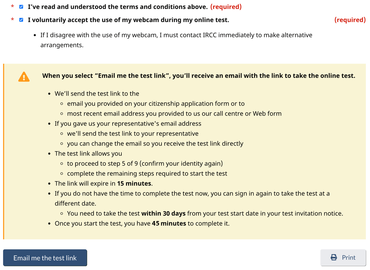 A 'Terms and conditions' checkbox, test link instructions and an 'Email me the test link' button