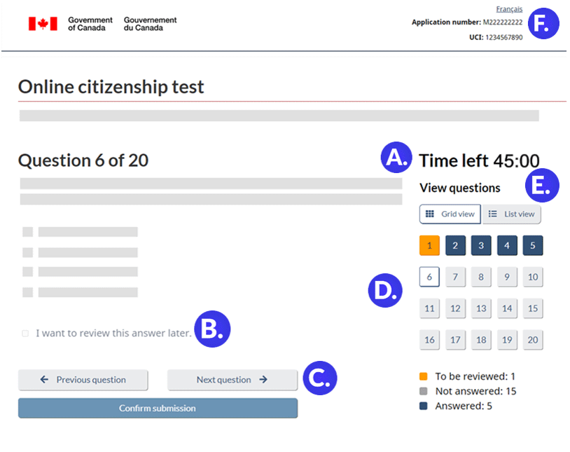 Different sections of the online citizenship test page as described below