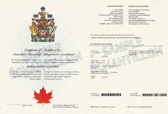 Un échantillon du nouveau certificat de citoyenneté (recto, verso)