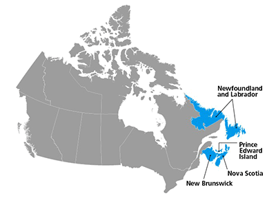 A map of Canada with the Atlantic provinces (Newfoundland and Labrador, Prince Edward Island, Nova Scotia, and New Brunswick) highlighted on the Eastern coast.