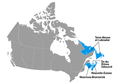 Carte du Canada montrant sur la côte est les provinces de l’Atlantique (Terre-Neuve et Labrador, Ile du Prince Edouard, Nouvelle-Ecosse et Nouveau-Brunswick)