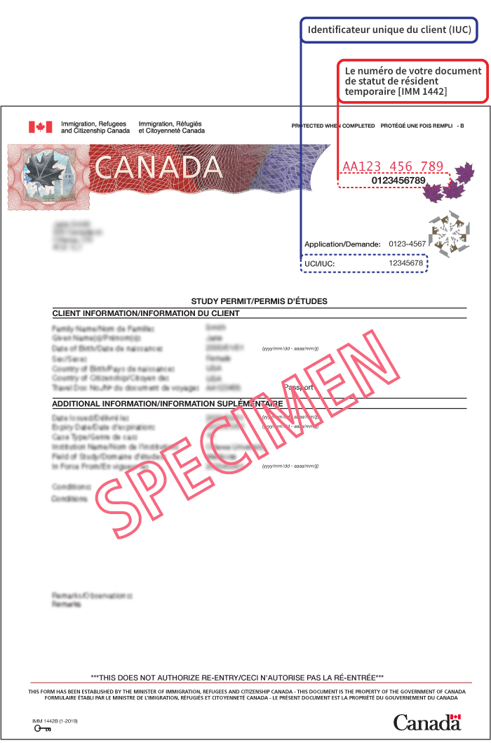 Voici un exemple d’un document IMM 1442, avec le numéro du document indiqué dans le coin supérieur droit et le numéro d’IUC en dessous.