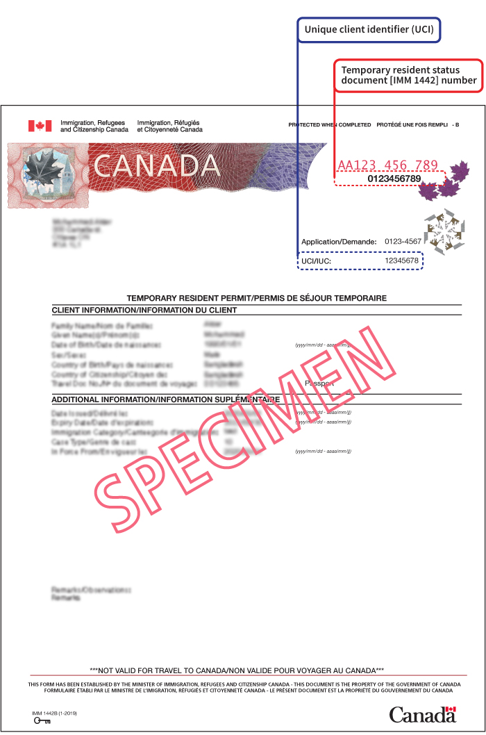 Sample image of an IMM 1442 document showing the IMM 1442 number in the top right corner and the UCI number underneath it.