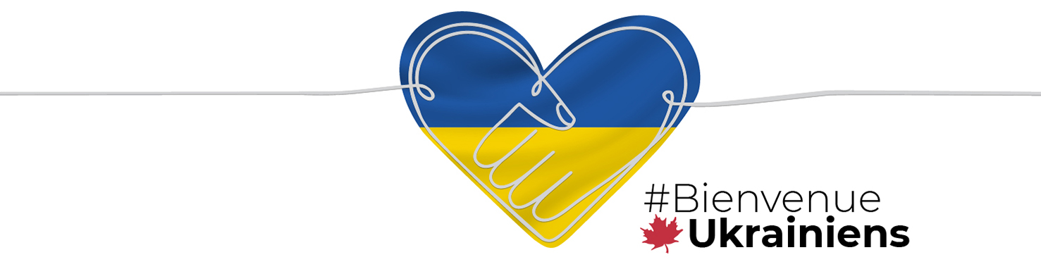 Dessin d’un cœur avec le texte « #BienvenueUkrainiens » en bas à droite