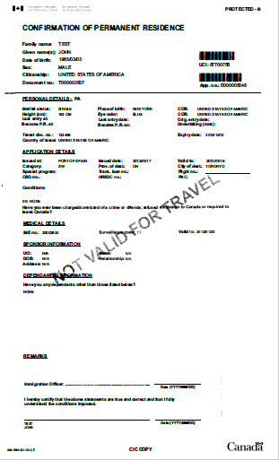 Sample of a Confirmation of Permanent Residence with the words “Not valid for travel” written across it. The document shows the holder’s personal information, application details, and medical details.