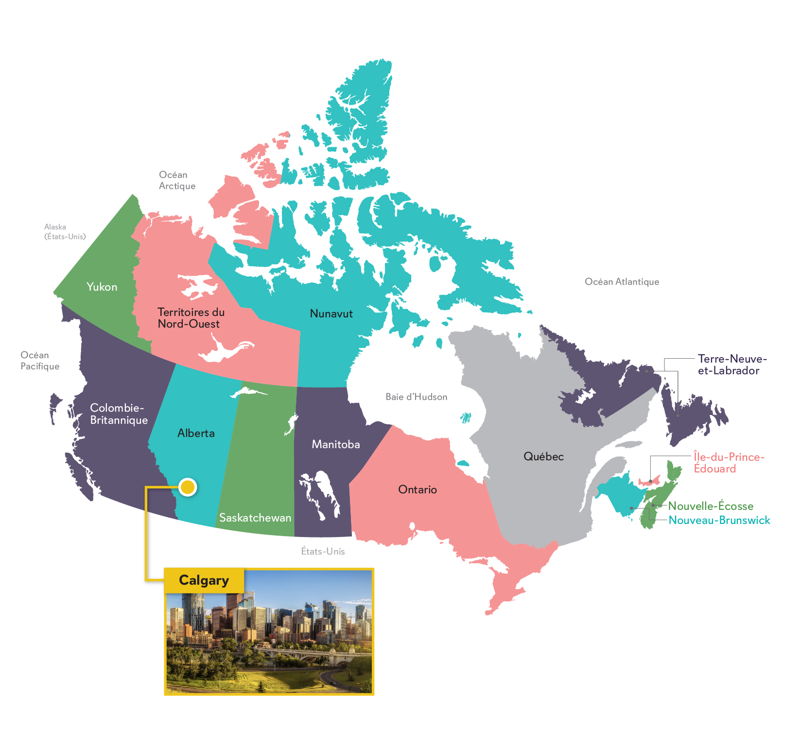 La ville de Calgary est dans la province de l’Alberta, qui se trouve dans l’Ouest du Canada.
