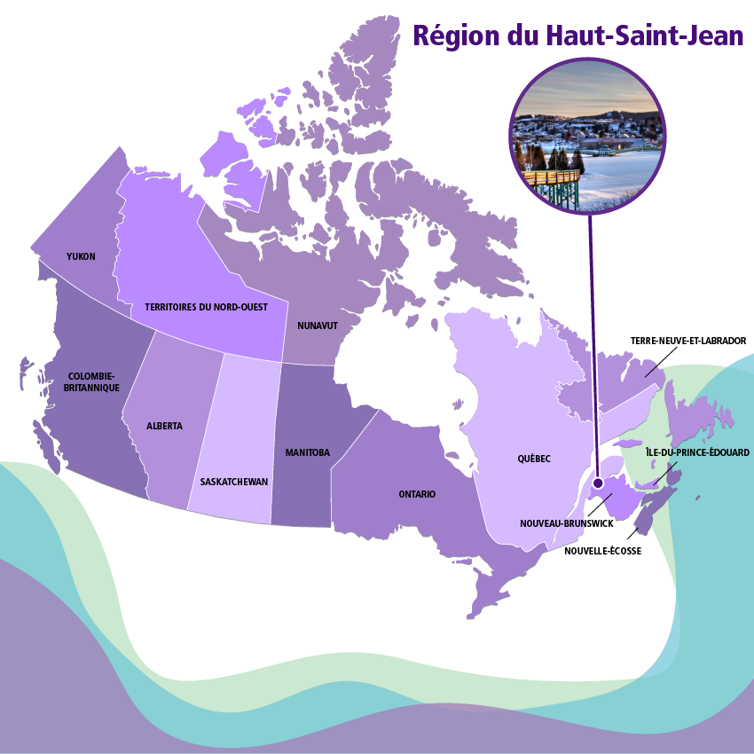La région du Haut-Saint-Jean est située au Nord-Ouest du Nouveau-Brunswick, à l’Est du Canada.