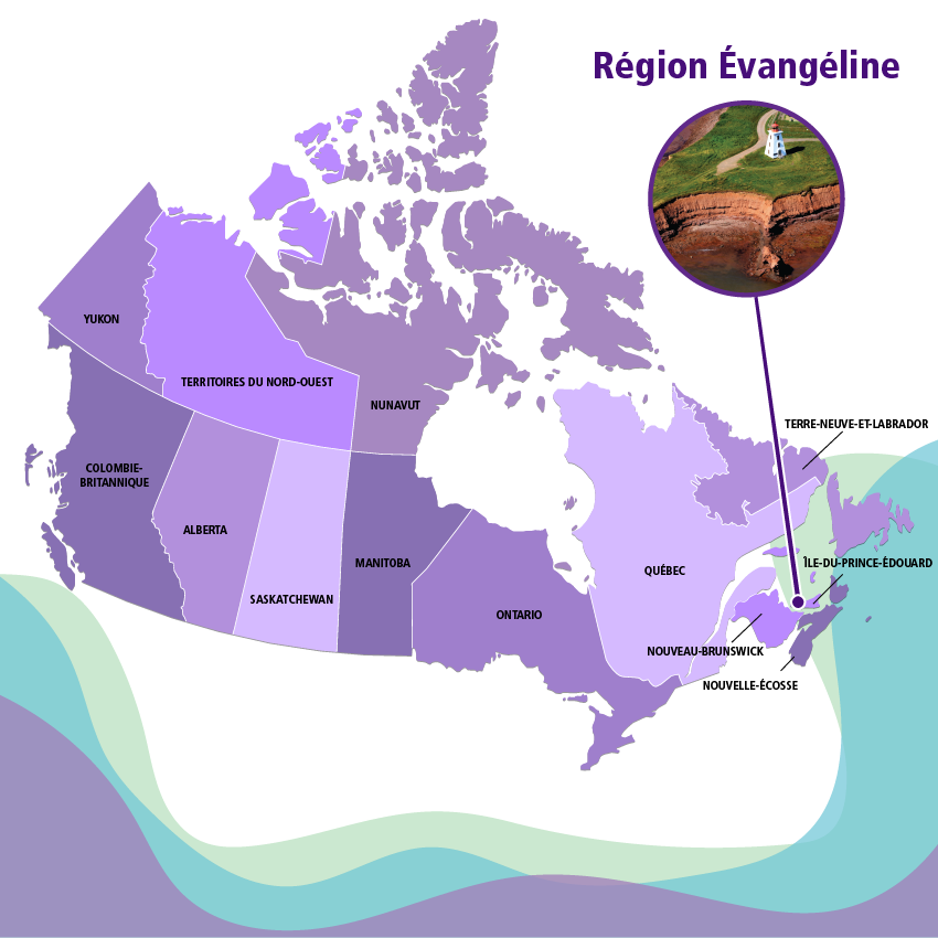 La région Évangéline fait partie de la province de l’Île-du-Prince-Édouard, qui se situe sur la côte Est du Canada.