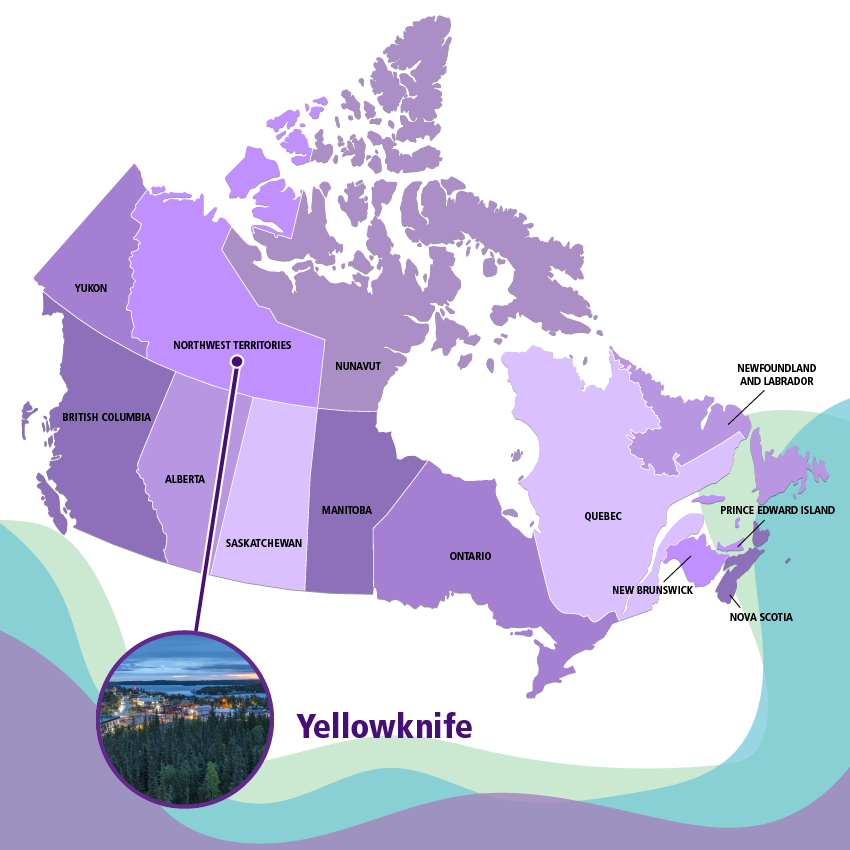 The city of Yellowknife is in the Northwest Territories, in northern Canada.
