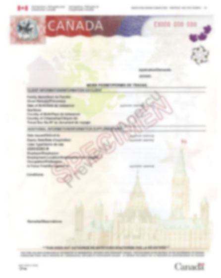 Blurred sample of a work permit from 2020 with the word “specimen” written across it. The document shows the holder’s personal information, the date it was issued, and the date it expires.