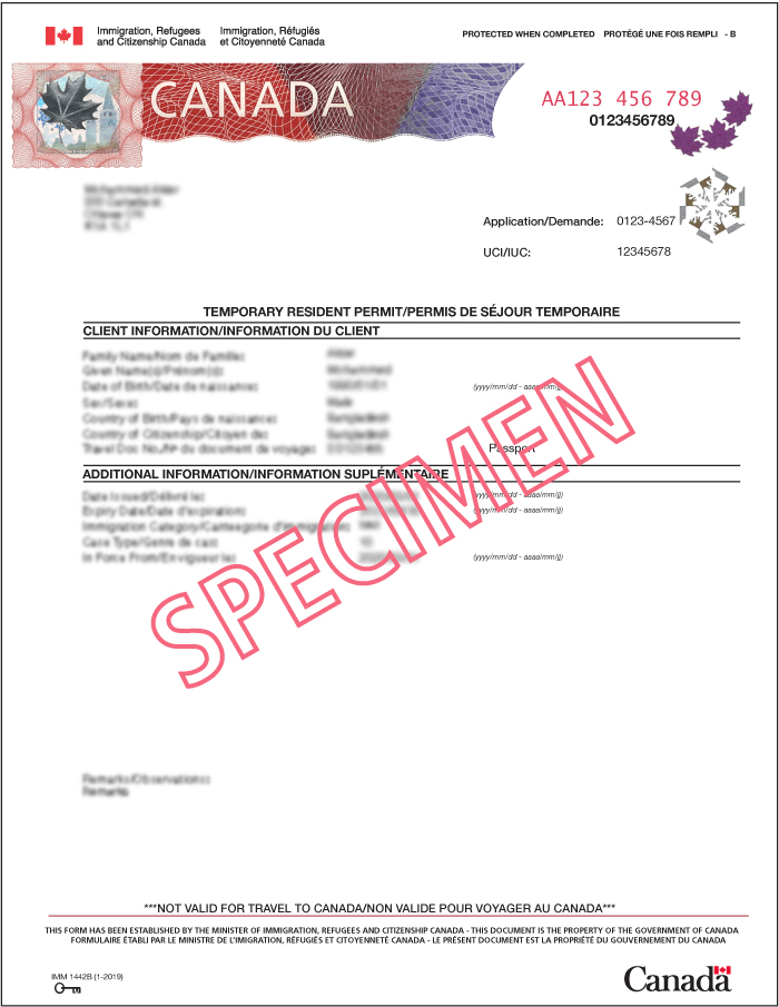 Sample image of an IMM 1442 temporary resident permit.
