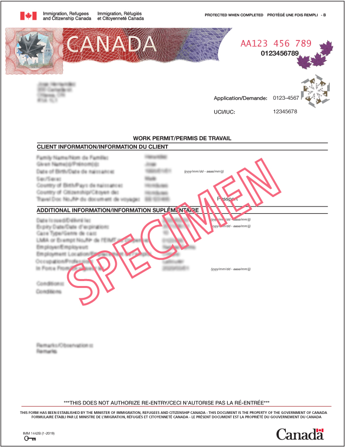 Sample image of an IMM 1442 work permit.