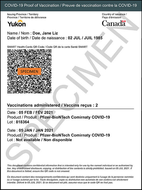 Sample of Canadian COVID-19 proof of vaccination. It shows the issuing province or territory, country of issuance (Canada), personal information, vaccination doses administered and a QR code.