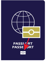 Image d'un passeport électronique roumain. L'icône électronique située sous les mots « Passport Passeport » est agrandie.