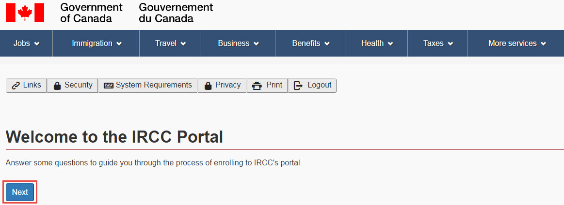 Image of Welcome to IRCC Portal page, as described above.