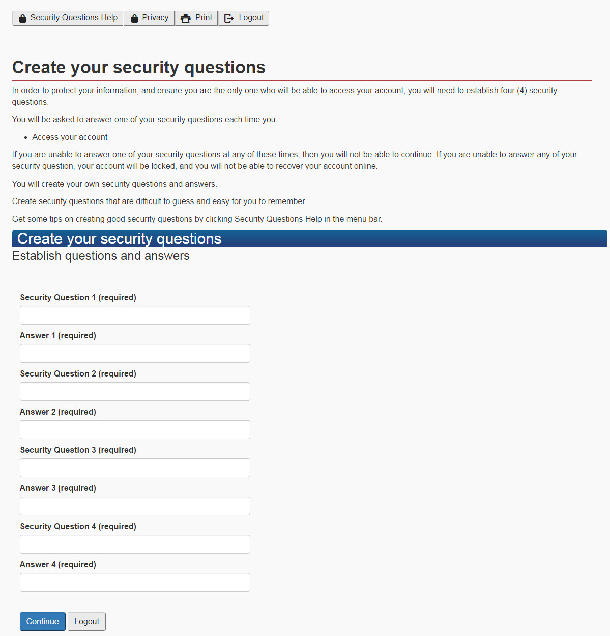 Imagen del formulario de preguntas de seguridad, como se describió anteriormente.
