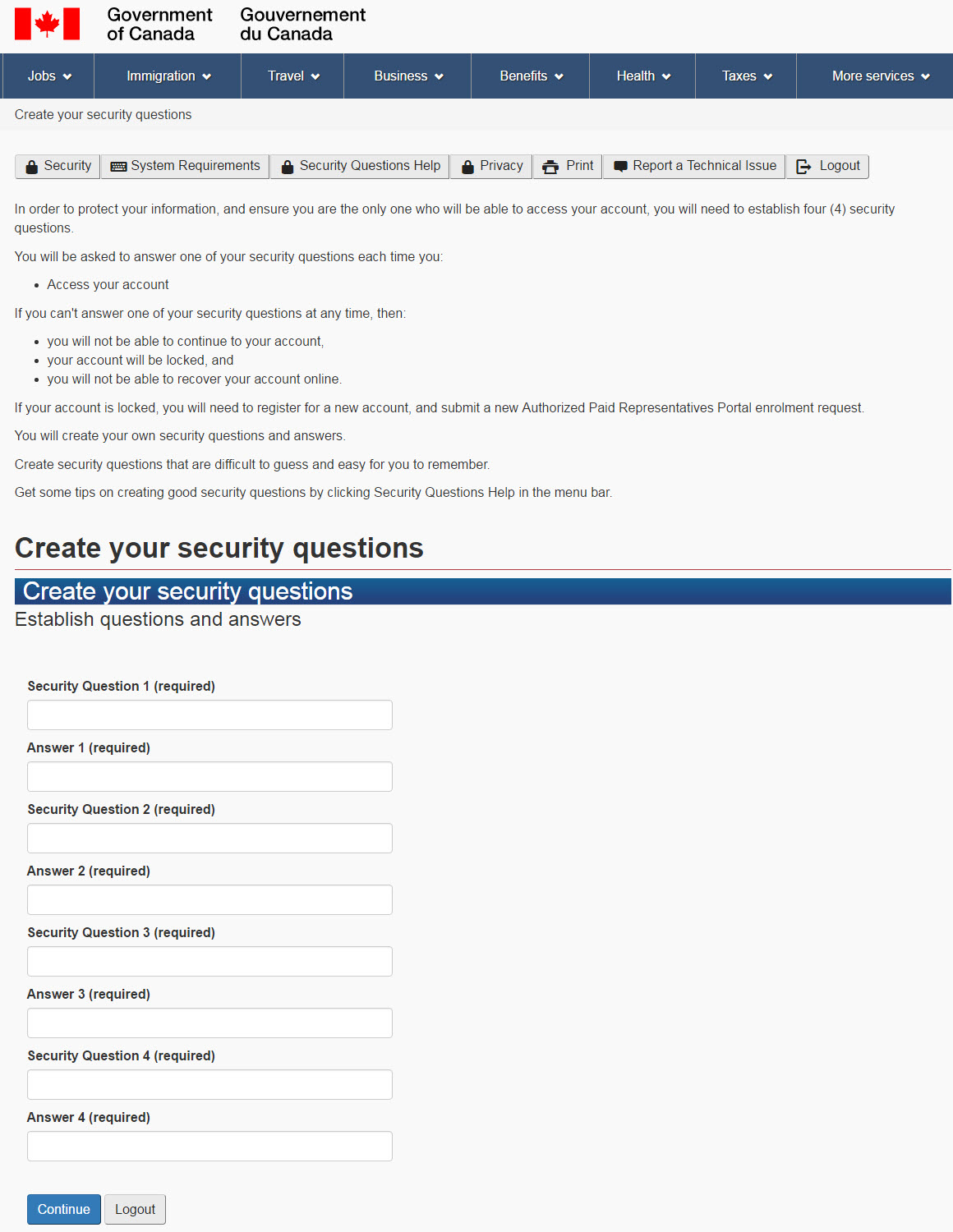 Create your security questions page.