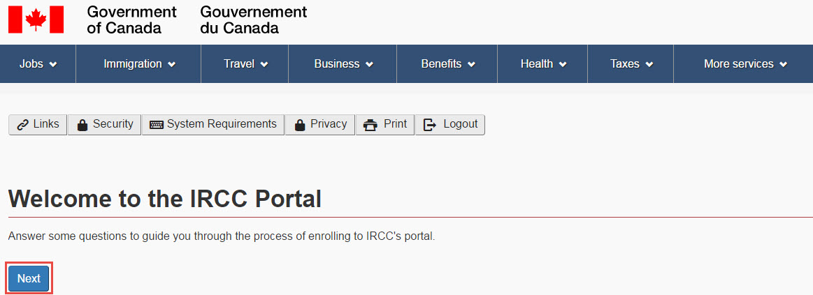 IRCC Portal Welcome page