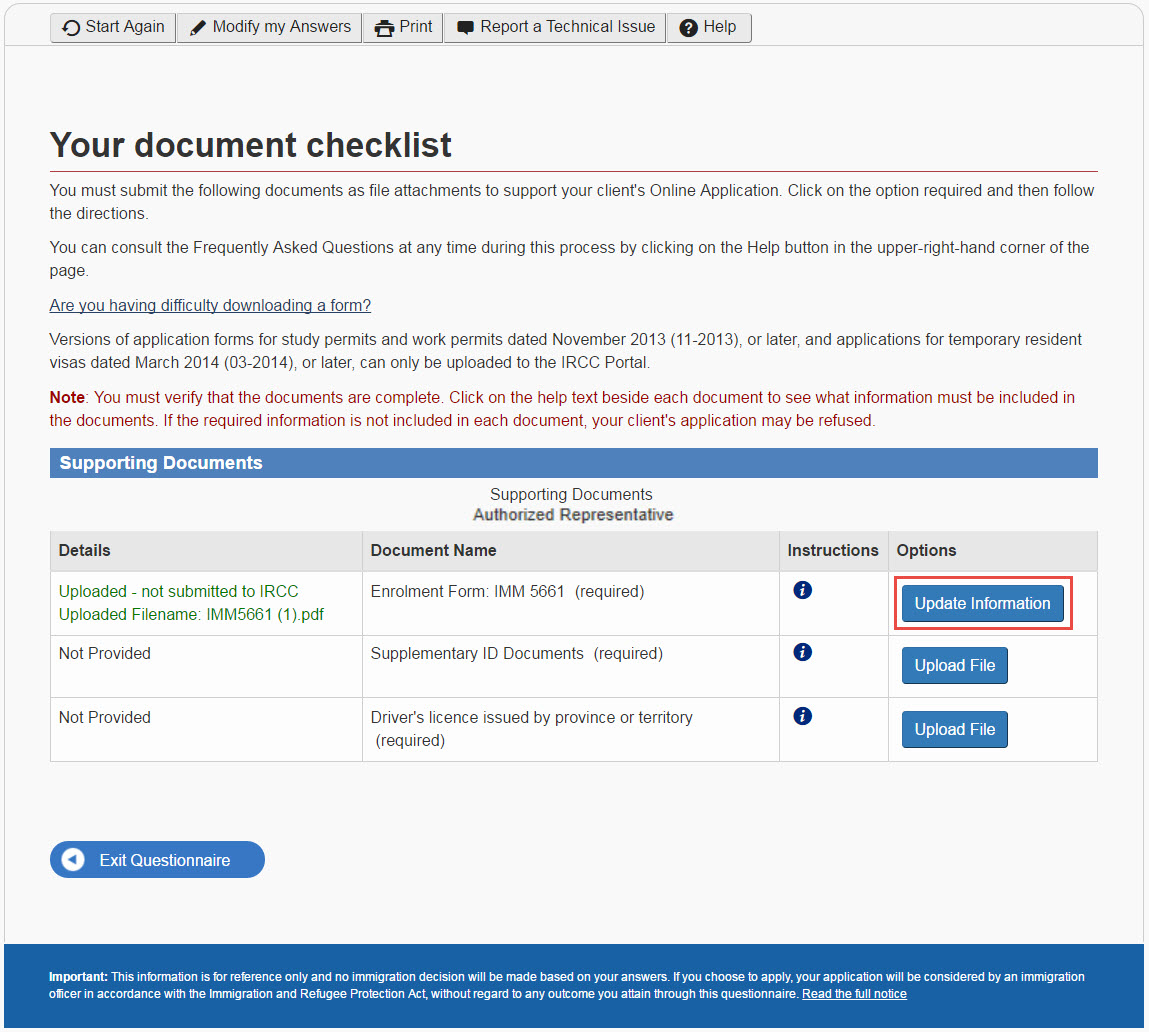 Update Information buttons on the Your document checklist page.